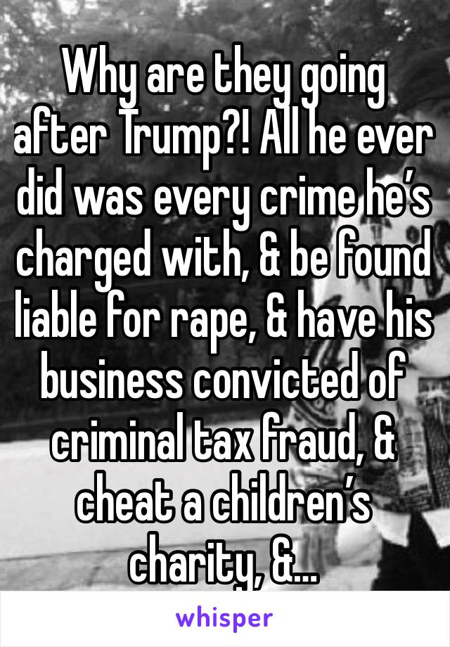 Why are they going after Trump?! All he ever did was every crime he’s charged with, & be found liable for rape, & have his business convicted of criminal tax fraud, & cheat a children’s charity, &…