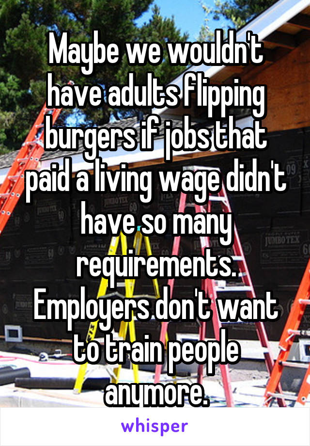 Maybe we wouldn't have adults flipping burgers if jobs that paid a living wage didn't have so many requirements. Employers don't want to train people anymore.