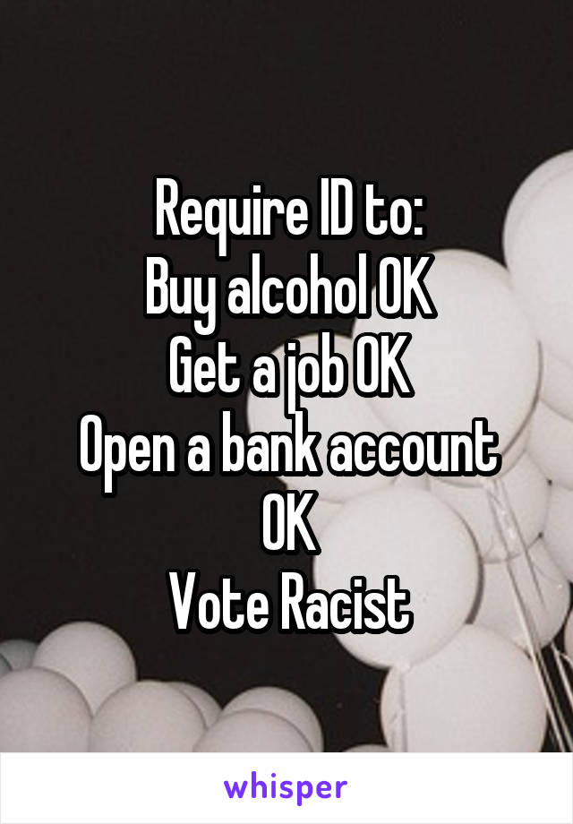 Require ID to:
Buy alcohol OK
Get a job OK
Open a bank account OK
Vote Racist