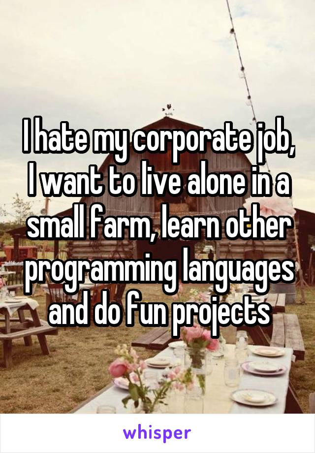 I hate my corporate job, I want to live alone in a small farm, learn other programming languages and do fun projects