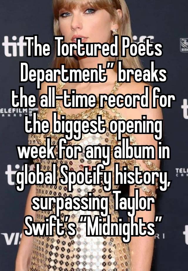 The Tortured Poets Department” breaks the all-time record for the biggest opening week for any album in global Spotify history, surpassing Taylor Swift’s “Midnights”