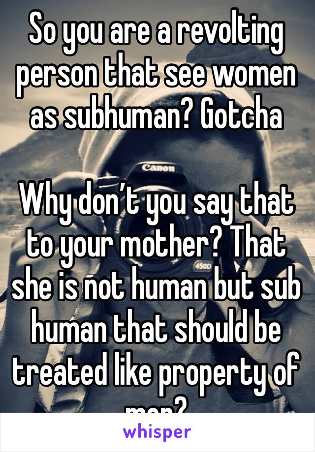 So you are a revolting person that see women as subhuman? Gotcha 

Why don’t you say that to your mother? That she is not human but sub human that should be treated like property of men? 