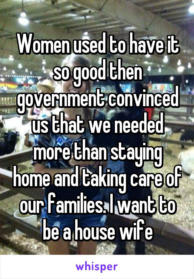 Women used to have it so good then government convinced us that we needed more than staying home and taking care of our families. I want to be a house wife