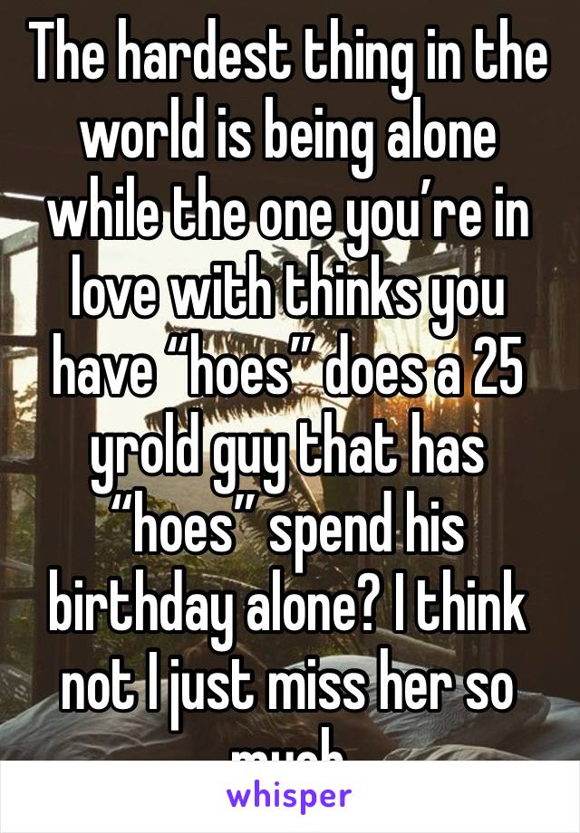 The hardest thing in the world is being alone while the one you’re in love with thinks you have “hoes” does a 25 yrold guy that has “hoes” spend his birthday alone? I think not I just miss her so much