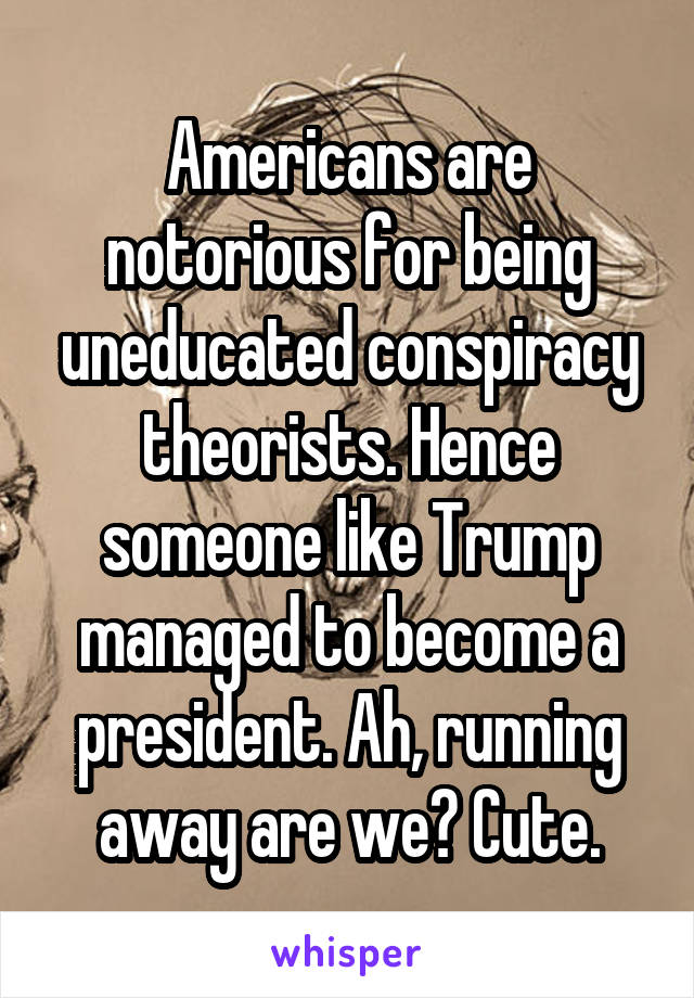 Americans are notorious for being uneducated conspiracy theorists. Hence someone like Trump managed to become a president. Ah, running away are we? Cute.