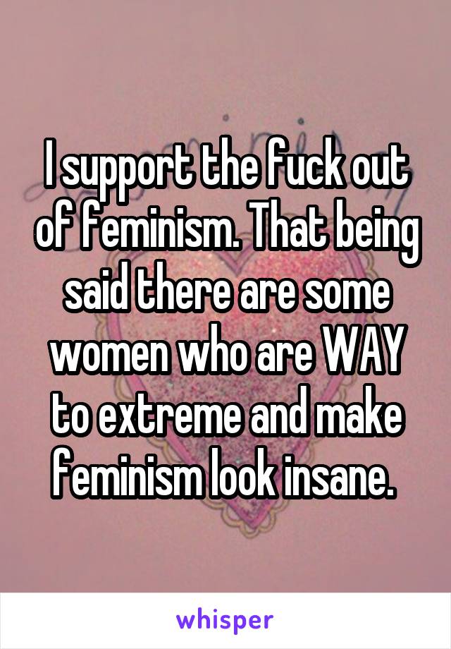 I support the fuck out of feminism. That being said there are some women who are WAY to extreme and make feminism look insane. 