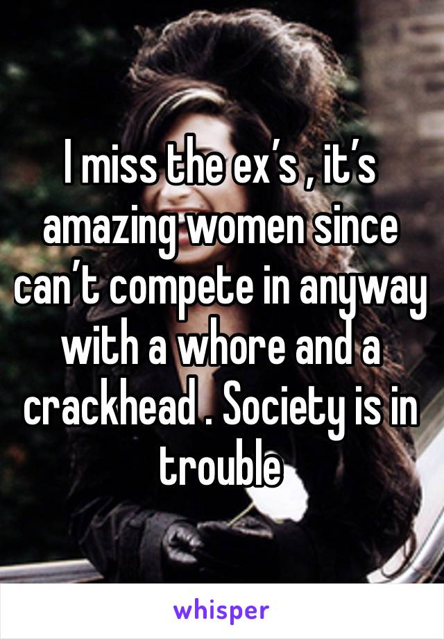 I miss the ex’s , it’s amazing women since can’t compete in anyway with a whore and a crackhead . Society is in trouble 