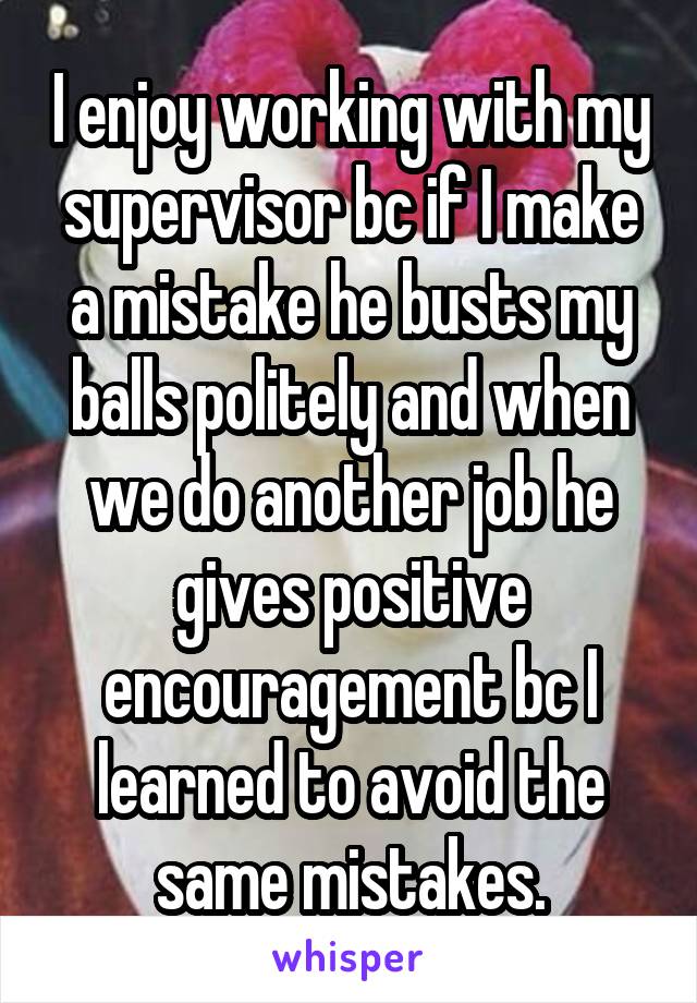 I enjoy working with my supervisor bc if I make a mistake he busts my balls politely and when we do another job he gives positive encouragement bc I learned to avoid the same mistakes.