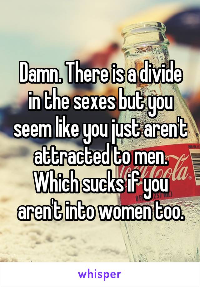 Damn. There is a divide in the sexes but you seem like you just aren't attracted to men.
Which sucks if you aren't into women too.