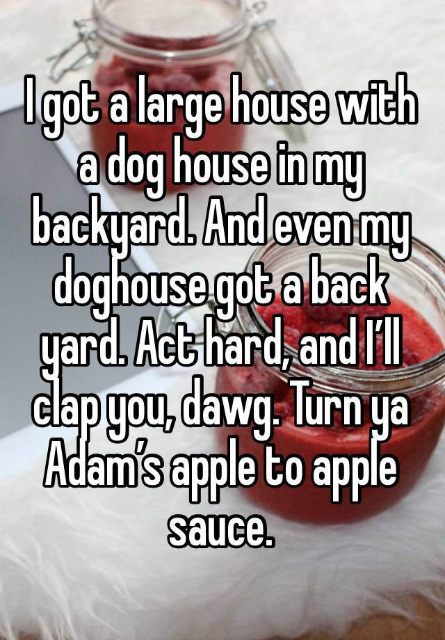 I got a large house with a dog house in my backyard. And even my doghouse got a back yard. Act hard, and I’ll clap you, dawg. Turn ya Adam’s apple to apple sauce.