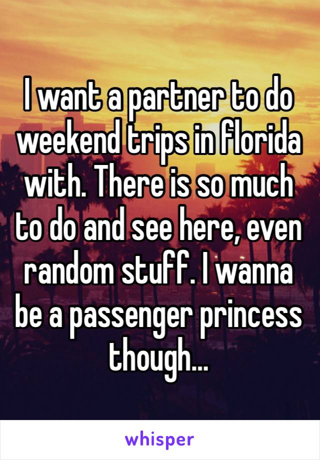 I want a partner to do weekend trips in florida with. There is so much to do and see here, even random stuff. I wanna be a passenger princess though…