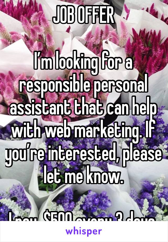 JOB OFFER 

I’m looking for a responsible personal assistant that can help with web marketing. If you’re interested, please let me know.

I pay, $500 every 3 days.