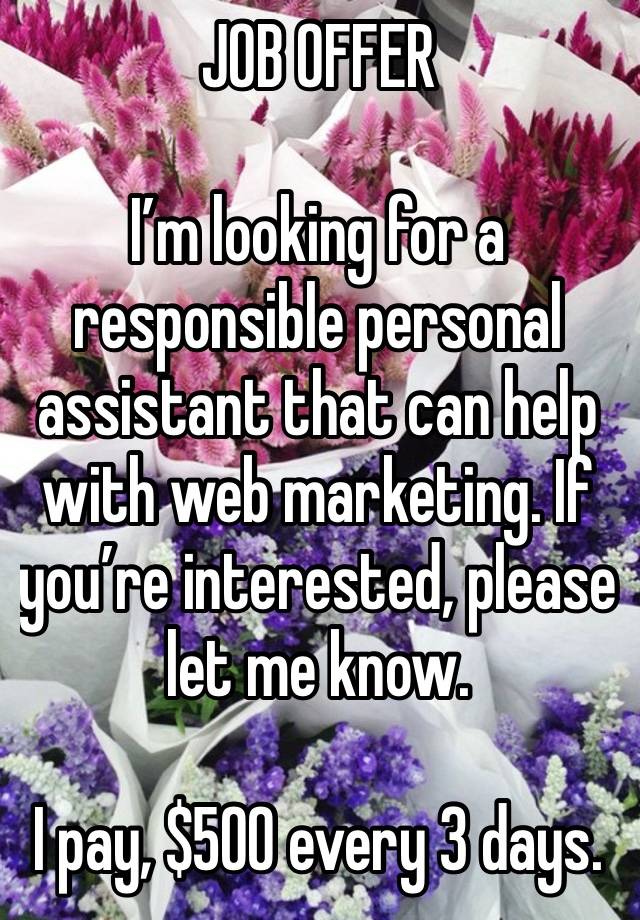 JOB OFFER 

I’m looking for a responsible personal assistant that can help with web marketing. If you’re interested, please let me know.

I pay, $500 every 3 days.