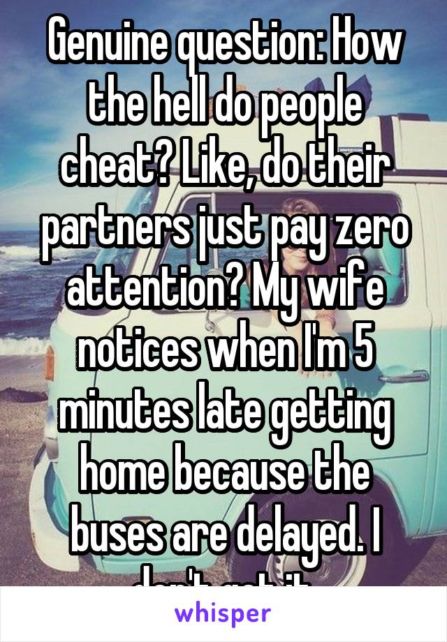 Genuine question: How the hell do people cheat? Like, do their partners just pay zero attention? My wife notices when I'm 5 minutes late getting home because the buses are delayed. I don't get it.