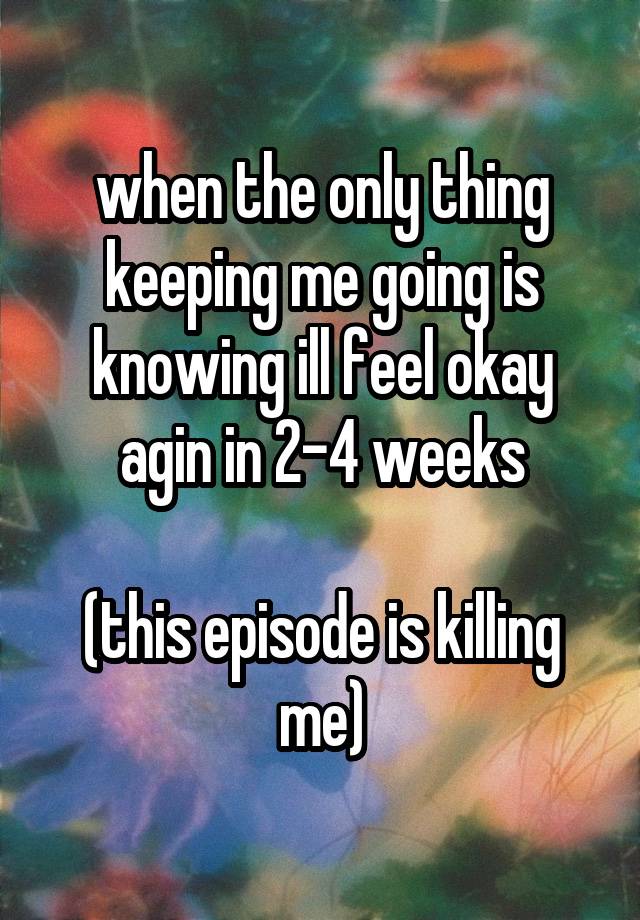 when the only thing keeping me going is knowing ill feel okay agin in 2-4 weeks

(this episode is killing me)