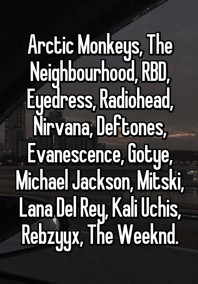 Arctic Monkeys, The Neighbourhood, RBD, Eyedress, Radiohead, Nirvana, Deftones, Evanescence, Gotye, Michael Jackson, Mitski, Lana Del Rey, Kali Uchis, Rebzyyx, The Weeknd.