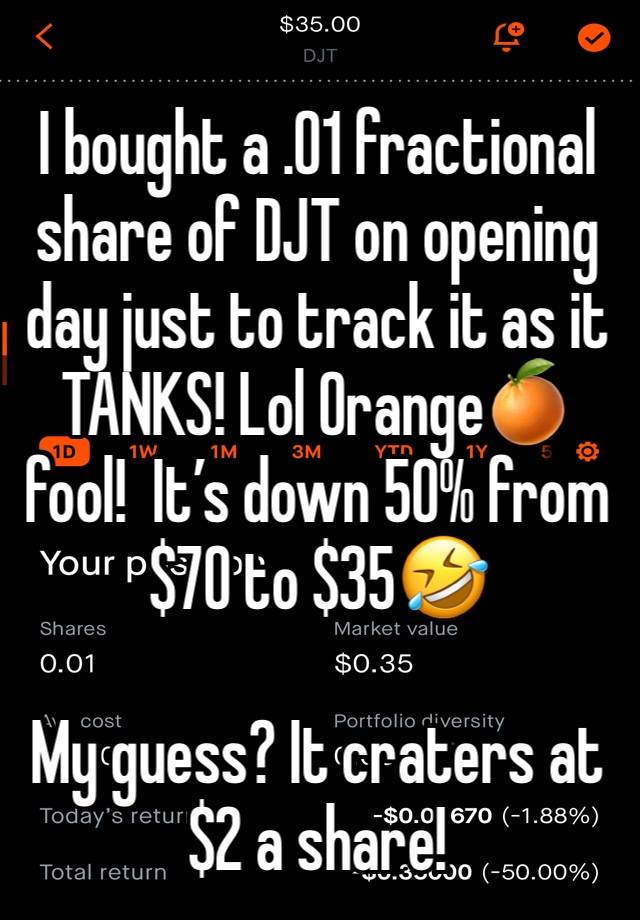 
I bought a .01 fractional share of DJT on opening day just to track it as it TANKS! Lol Orange🍊 fool!  It’s down 50% from $70 to $35🤣

My guess? It craters at $2 a share!