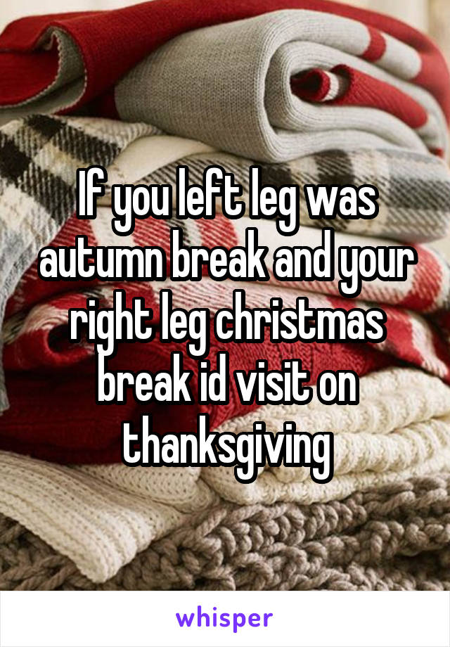 If you left leg was autumn break and your right leg christmas break id visit on thanksgiving