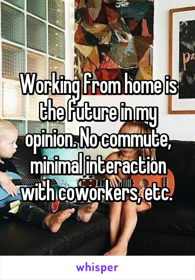 Working from home is the future in my opinion. No commute, minimal interaction with coworkers, etc. 