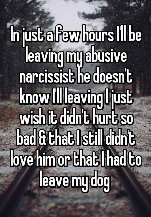 In just a few hours I'll be leaving my abusive narcissist he doesn't know I'll leaving I just wish it didn't hurt so bad & that I still didn't love him or that I had to leave my dog 