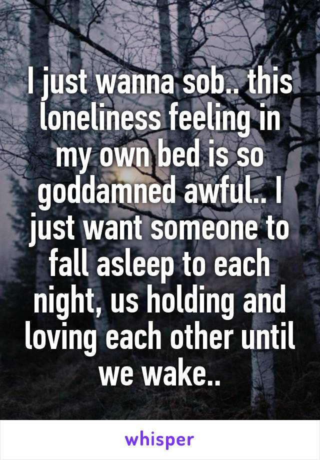 I just wanna sob.. this loneliness feeling in my own bed is so goddamned awful.. I just want someone to fall asleep to each night, us holding and loving each other until we wake..