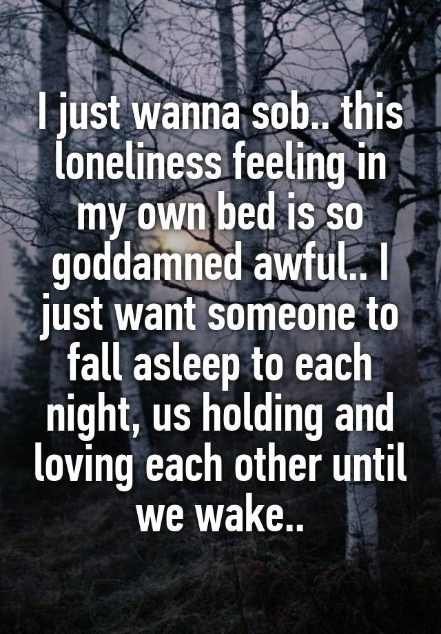 I just wanna sob.. this loneliness feeling in my own bed is so goddamned awful.. I just want someone to fall asleep to each night, us holding and loving each other until we wake..