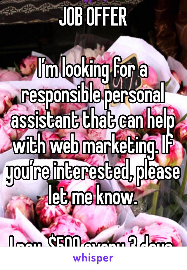 JOB OFFER 

I’m looking for a responsible personal assistant that can help with web marketing. If you’re interested, please let me know.

I pay, $500 every 3 days.