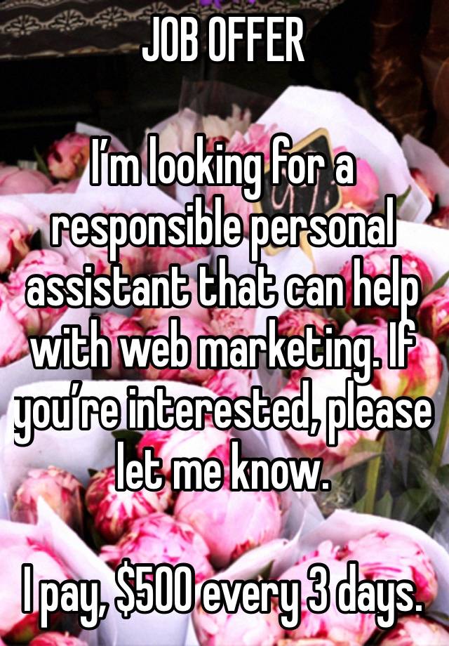 JOB OFFER 

I’m looking for a responsible personal assistant that can help with web marketing. If you’re interested, please let me know.

I pay, $500 every 3 days.