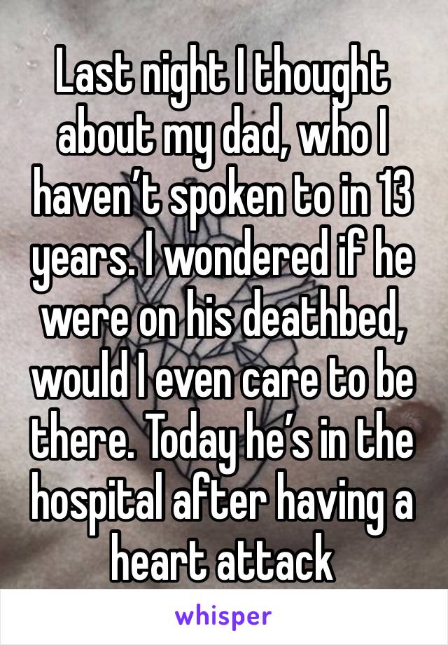 Last night I thought about my dad, who I haven’t spoken to in 13 years. I wondered if he were on his deathbed, would I even care to be there. Today he’s in the hospital after having a heart attack