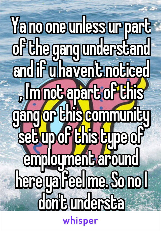 Ya no one unless ur part of the gang understand and if u haven't noticed , I'm not apart of this gang or this community set up of this type of employment around here ya feel me. So no I don't understa