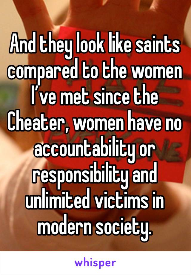 And they look like saints compared to the women I’ve met since the Cheater, women have no accountability or responsibility and unlimited victims in modern society. 