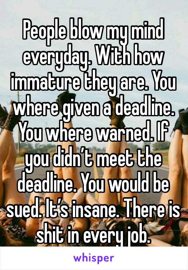 People blow my mind everyday. With how immature they are. You where given a deadline. You where warned. If you didn’t meet the deadline. You would be sued. It’s insane. There is shit in every job. 