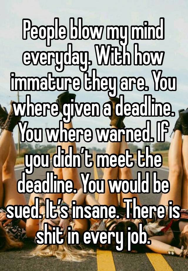 People blow my mind everyday. With how immature they are. You where given a deadline. You where warned. If you didn’t meet the deadline. You would be sued. It’s insane. There is shit in every job. 