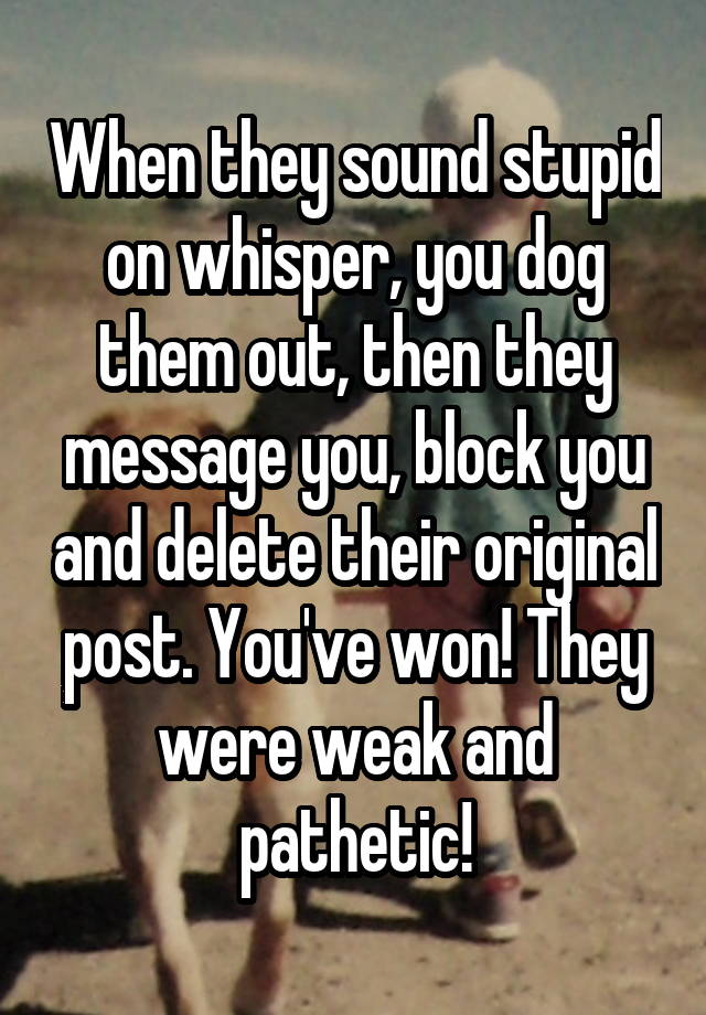 When they sound stupid on whisper, you dog them out, then they message you, block you and delete their original post. You've won! They were weak and pathetic!
