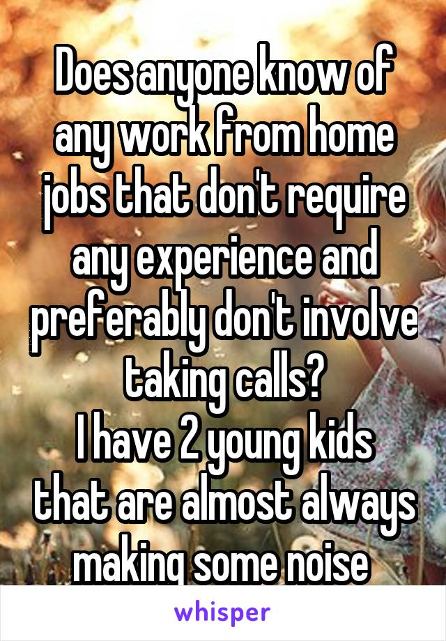 Does anyone know of any work from home jobs that don't require any experience and preferably don't involve taking calls?
I have 2 young kids that are almost always making some noise 