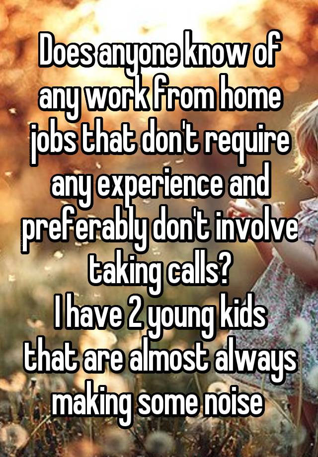 Does anyone know of any work from home jobs that don't require any experience and preferably don't involve taking calls?
I have 2 young kids that are almost always making some noise 