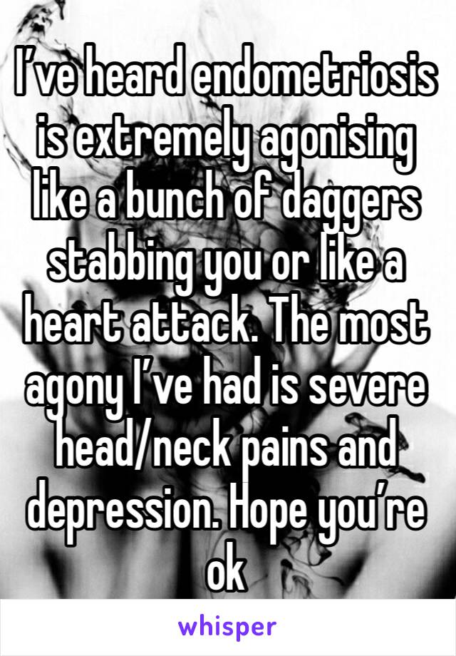 I’ve heard endometriosis is extremely agonising like a bunch of daggers stabbing you or like a heart attack. The most agony I’ve had is severe head/neck pains and depression. Hope you’re ok