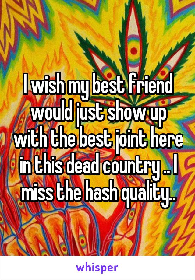 I wish my best friend would just show up with the best joint here in this dead country .. I miss the hash quality..