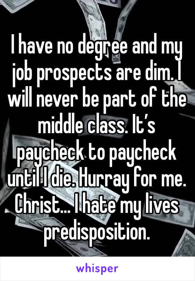 I have no degree and my job prospects are dim. I will never be part of the middle class. It’s paycheck to paycheck until I die. Hurray for me. Christ… I hate my lives predisposition. 