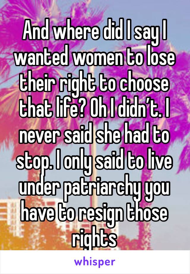 And where did I say I wanted women to lose their right to choose that life? Oh I didn’t. I never said she had to stop. I only said to live under patriarchy you have to resign those rights 