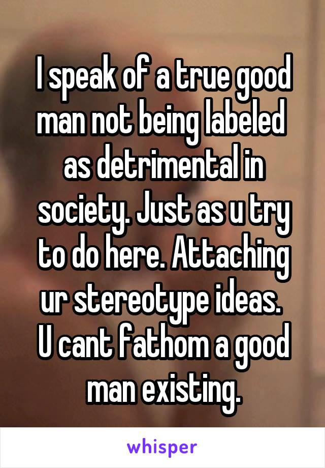 I speak of a true good man not being labeled  as detrimental in society. Just as u try to do here. Attaching ur stereotype ideas. 
U cant fathom a good man existing.