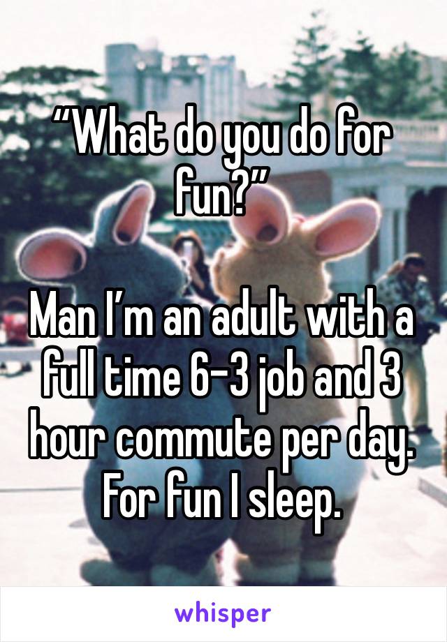 “What do you do for fun?”

Man I’m an adult with a full time 6-3 job and 3 hour commute per day.
For fun I sleep. 