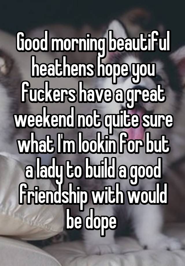 Good morning beautiful heathens hope you fuckers have a great weekend not quite sure what I'm lookin for but a lady to build a good friendship with would be dope 