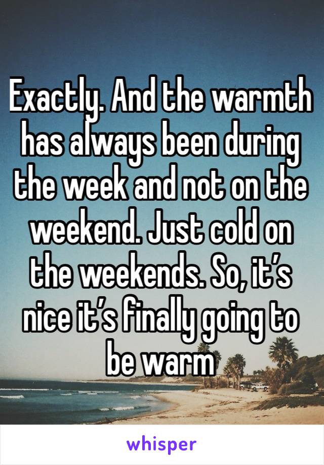 Exactly. And the warmth has always been during the week and not on the weekend. Just cold on the weekends. So, it’s nice it’s finally going to be warm