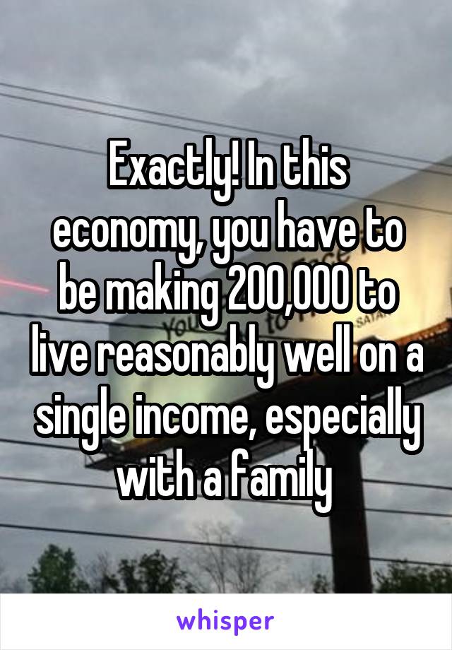 Exactly! In this economy, you have to be making 200,000 to live reasonably well on a single income, especially with a family 