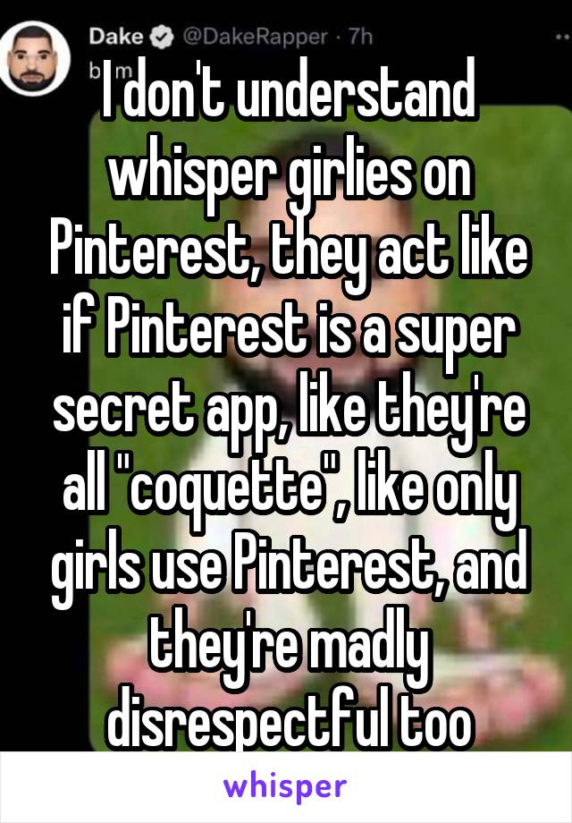 I don't understand whisper girlies on Pinterest, they act like if Pinterest is a super secret app, like they're all "coquette", like only girls use Pinterest, and they're madly disrespectful too