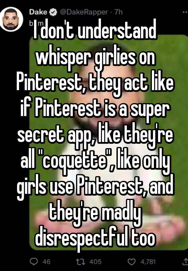 I don't understand whisper girlies on Pinterest, they act like if Pinterest is a super secret app, like they're all "coquette", like only girls use Pinterest, and they're madly disrespectful too