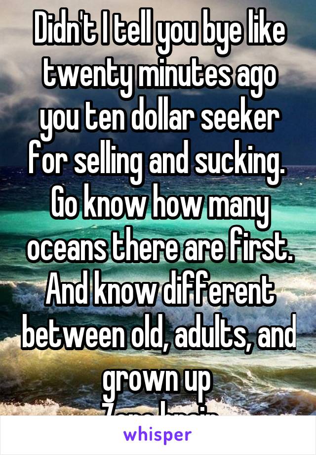 Didn't I tell you bye like twenty minutes ago you ten dollar seeker for selling and sucking. 
Go know how many oceans there are first. And know different between old, adults, and grown up 
Zero brain