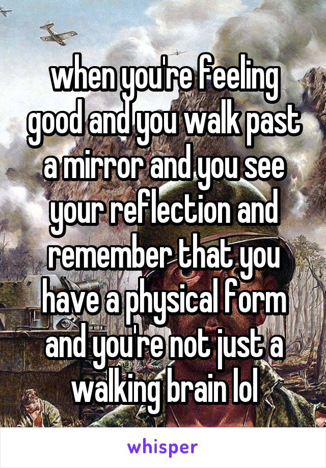 when you're feeling good and you walk past a mirror and you see your reflection and remember that you have a physical form and you're not just a walking brain lol