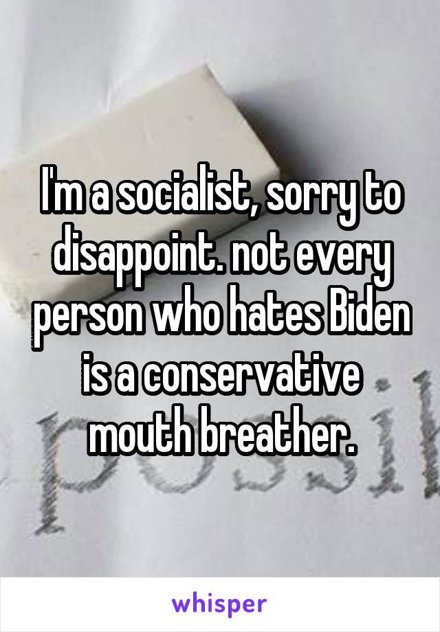 I'm a socialist, sorry to disappoint. not every person who hates Biden is a conservative mouth breather.